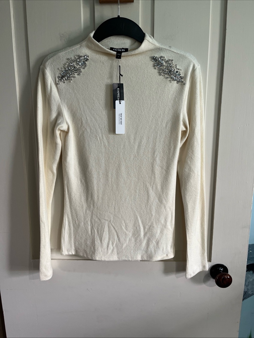 Express Cream Long-Sleeve Mock Neck Top with Shoulder Crystals